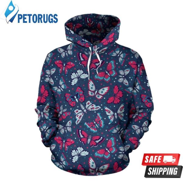 Butterfly Red Deep Blue Pattern 3D Hoodie