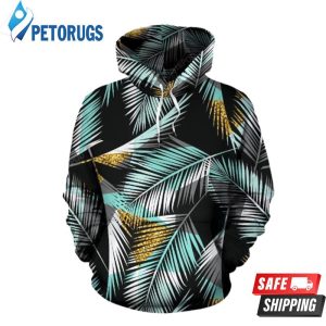 Gold Glitter Cyan Tropical Palm Leaves 3D Hoodie