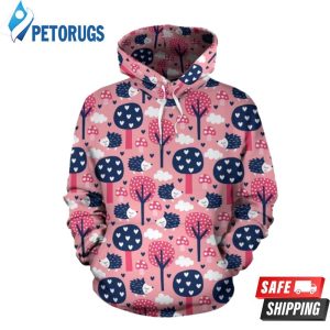 Pink Mushroom Three Hedgehogs Pattern 3D Hoodie