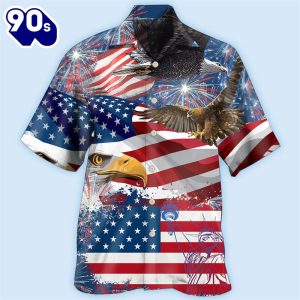 4th Of July America 4th Of July America Eagle Freedom Aloha Button Up Hawaiian Shirt