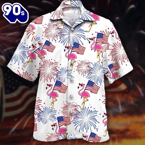 4th Of July USA Flag Red And Blue Firework Flamingo Button Up Summer Beach Flamingo Aloha Hawaiian Shirt