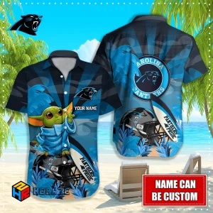 Baby Yoda Custom Name Carolina Panthers NFL Aloha Hawaiian Shirt 2