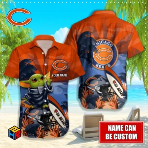 Baby Yoda Custom Name Chicago Bears NFL Aloha Hawaiian Shirt 2