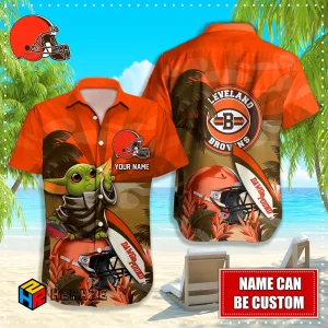 Baby Yoda Custom Name Cleveland Browns NFL Aloha Hawaiian Shirt 2