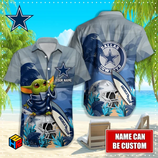 Baby Yoda Custom Name Dallas Cowboys NFL Aloha Hawaiian Shirt 2