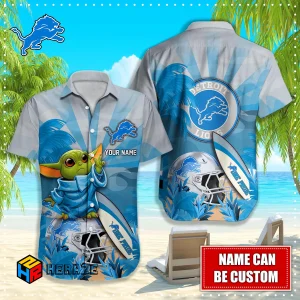 Baby Yoda Custom Name Detroit Lions NFL Aloha Hawaiian Shirt 2