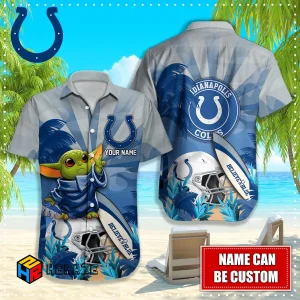 Baby Yoda Custom Name Indianapolis Colts NFL Aloha Hawaiian Shirt 2