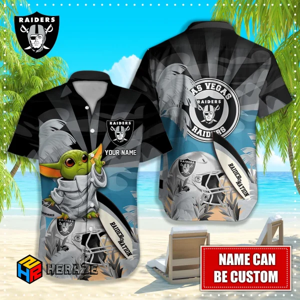 Baby Yoda Custom Name Las Vegas Raiders NFL Aloha Hawaiian Shirt 2