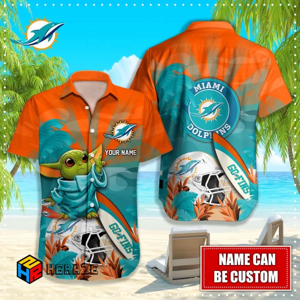 Baby Yoda Custom Name Miami Dolphins NFL Aloha Hawaiian Shirt 2