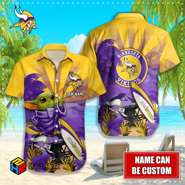 Baby Yoda Custom Name Minnesota Vikings NFL Aloha Hawaiian Shirt 2