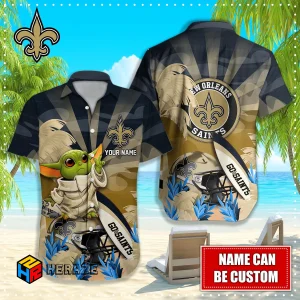 Baby Yoda Custom Name New Orleans Saints NFL Aloha Hawaiian Shirt 2