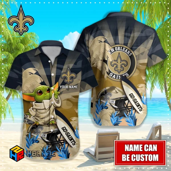 Baby Yoda Custom Name New Orleans Saints NFL Aloha Hawaiian Shirt 2