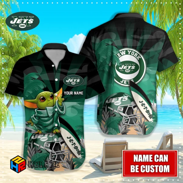 Baby Yoda Custom Name New York Jets NFL Aloha Hawaiian Shirt 2