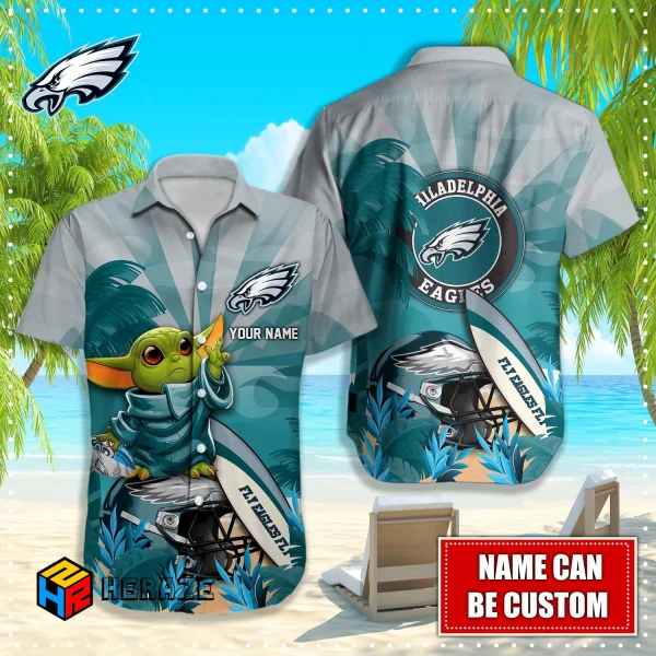 Baby Yoda Custom Name Philadelphia Eagles NFL Aloha Hawaiian Shirt 2