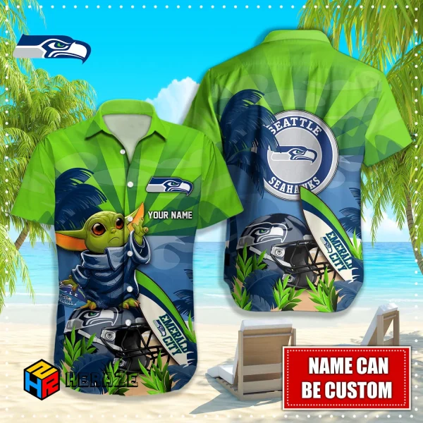 Baby Yoda Custom Name Seattle Seahawks NFL Aloha Hawaiian Shirt 2