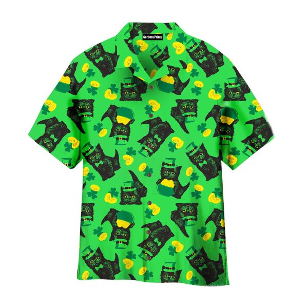 Black Kitten Leprechaun St Patricks Day Pattern Aloha Hawaiian Shirts