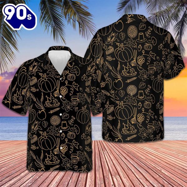 Cartoon Thanksgiving Pattern Hawaiian Shirt Black Button Up Shirt Gifts For Men