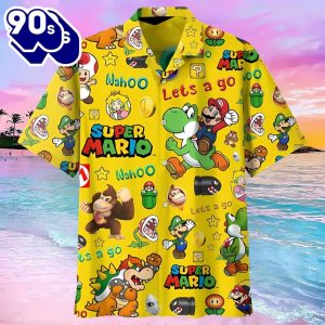 Cheap Lets Go Yellow Super Mario Button Up Hawaiians Shirt