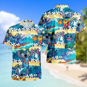 Disney Hawaiian Shirt Summer Beach Stitch Dancing Surfing Disney Aloha Button Up Shirt