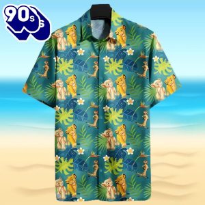 Disney Lion King Simba And Nala Timon Green Floral Hawaii Shirt