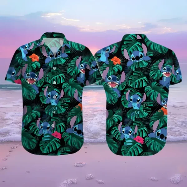 Disney Stitch Hawaiian Shirt Tropical Palm Leaves Beach Vacation Gift