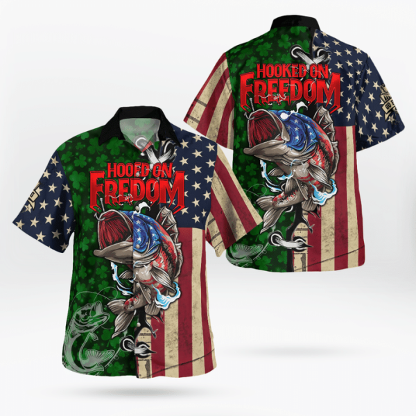 Fishing St Patricks Day Hooked On Freedom American Flag Aloha Hawaiian Shirts