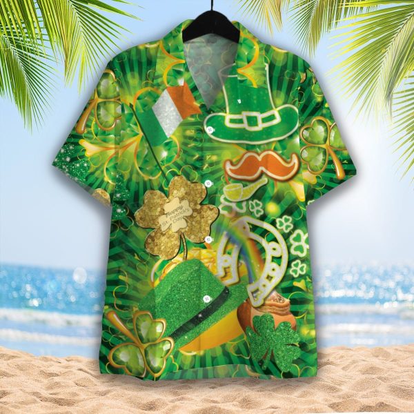 Gold Shamrock With Hat And Horeshoe Patricks Day Hawaiian Shirt