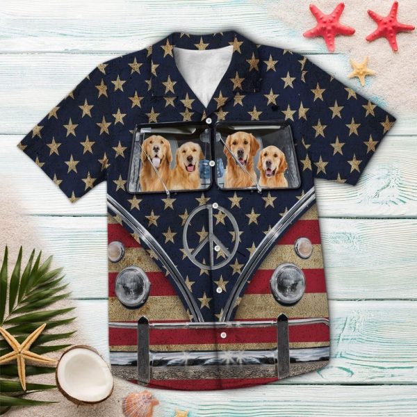 Golden Retriever Flag Bus Multicolor Nice Design Hippie Hawaiian Shirt Beachwear For Men Gifts For Young Adults