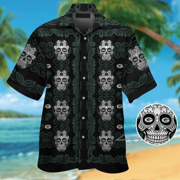 Green Bay Packersskull Short Sleeve Button Up Tropical Hawaiian Shirt