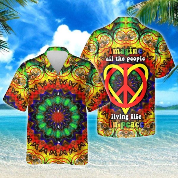 Heart Imagine All The People Living Life In Peace Hippie Hawaiian Shirt Beachwear For Men Gifts For Young Adults