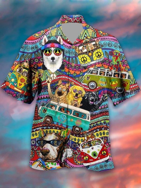 Hippie Husky Dog Colorful Hawaiian Shirt