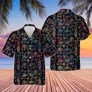 Hologram Mushroom Black Hippie Hawaiian Shirt Beachwear For Men Gifts For Young Adults