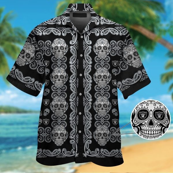 Las Vegas Raidersskull Short Sleeve Button Up Tropical Hawaiian Shirt