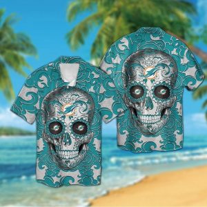 Miami Dolphins Sugarskull Short Sleeve Button Up Tropical Hawaiian Shirt