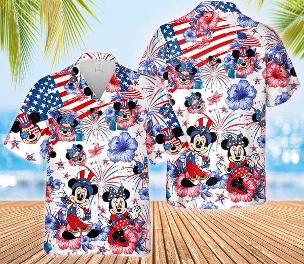 Mickey Minnie Mouse Fireworks Hibiscus Patriot July 4th Hawaiian Shirt