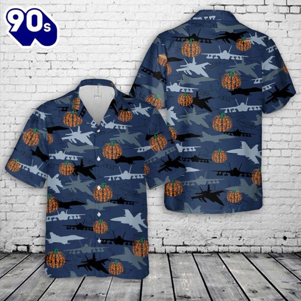 US Navy McDonnell Douglas FA Hornet Silhouettes Pumpkin Hawaiian Shirt